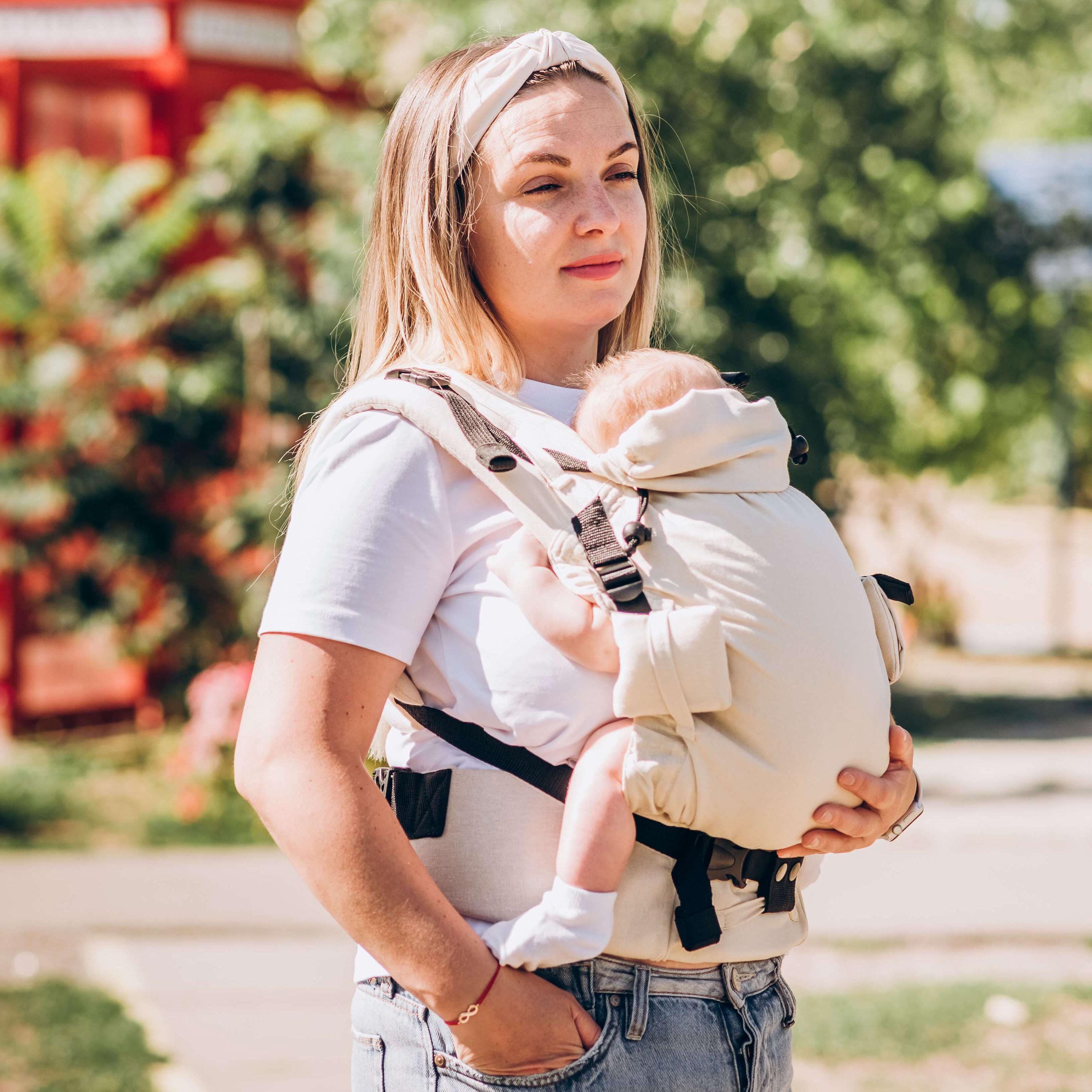 Black linen buckle baby carrier for newborn, infant and roddler